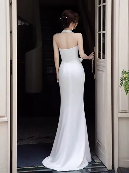 Floor Length Sleeveless Simple Mermaid Halter Long White Prom Dresses