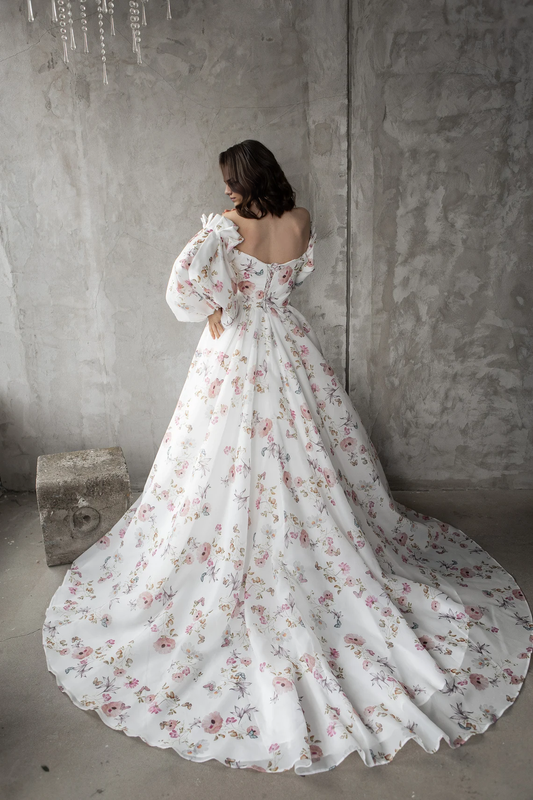 Floral Wedding Dress Princess' Dress Bride Dress Wedding Dress Long Train Off-the-shoulder Long Sleeves