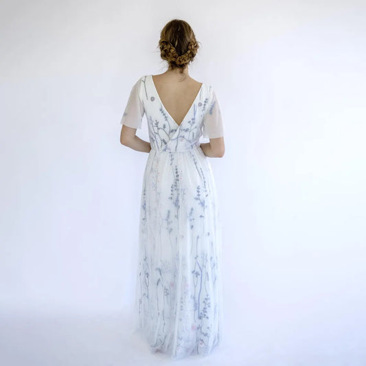 Floral Embroidered Tulle Floor Length Wedding Dress Boho V-Neck Bridal Gown With Sheer Flutter Sleeves