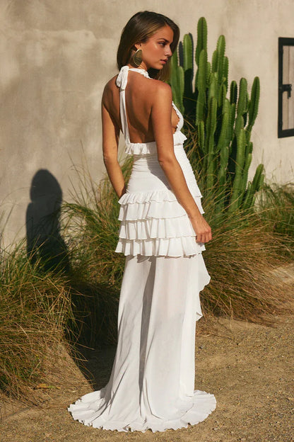 Flowy A-Line Deep V Neck Sleeveless Chiffon Ruffles Floor-Length Prom Dress