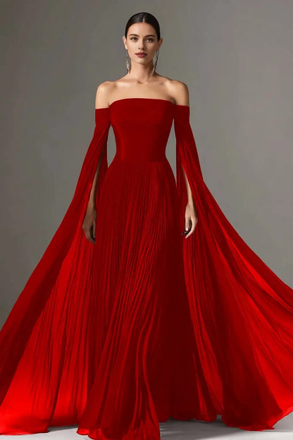 Flowy A-Line Off the Shoulder Flutter Sleeve Chiffon Pleated Floor-Length Prom Dress