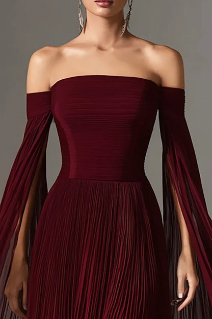 Flowy A-Line Off the Shoulder Flutter Sleeve Chiffon Pleated Floor-Length Prom Dress