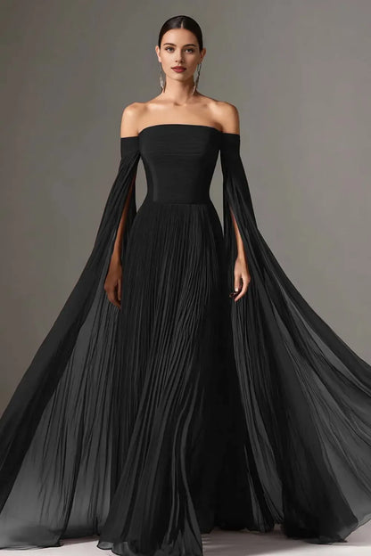 Flowy A-Line Off the Shoulder Flutter Sleeve Chiffon Pleated Floor-Length Prom Dress