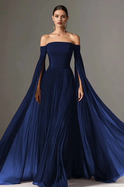 Flowy A-Line Off the Shoulder Flutter Sleeve Chiffon Pleated Floor-Length Prom Dress