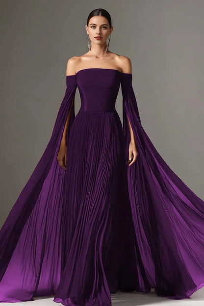 Flowy A-Line Off the Shoulder Flutter Sleeve Chiffon Pleated Floor-Length Prom Dress