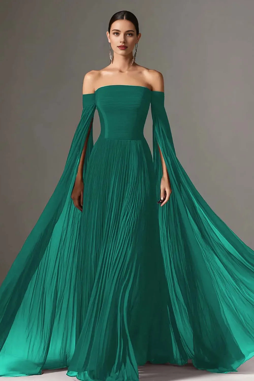 Flowy A-Line Off the Shoulder Flutter Sleeve Chiffon Pleated Floor-Length Prom Dress