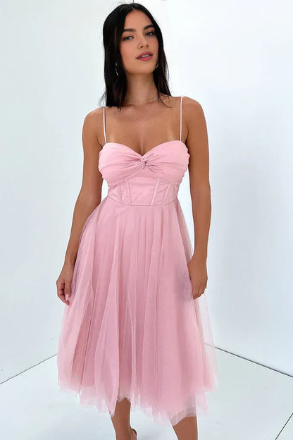 Flowy A-Line Spaghetti Straps Sleeveless Pleated Tulle Tea-Length Prom Dress