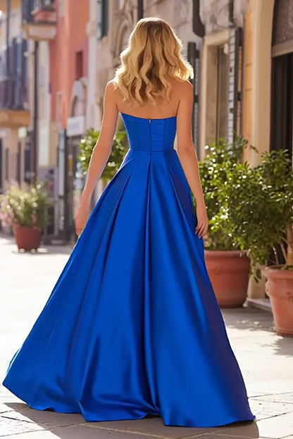 Flowy A-Line Sweetheart Sleeveless Satin Sweep/Brush Train Prom Dress