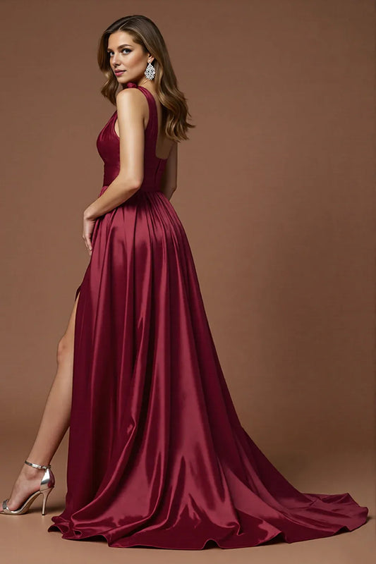 Flowy A Line One Shoulder Sleeveless Satin Sweep/Brush Train Prom Dress