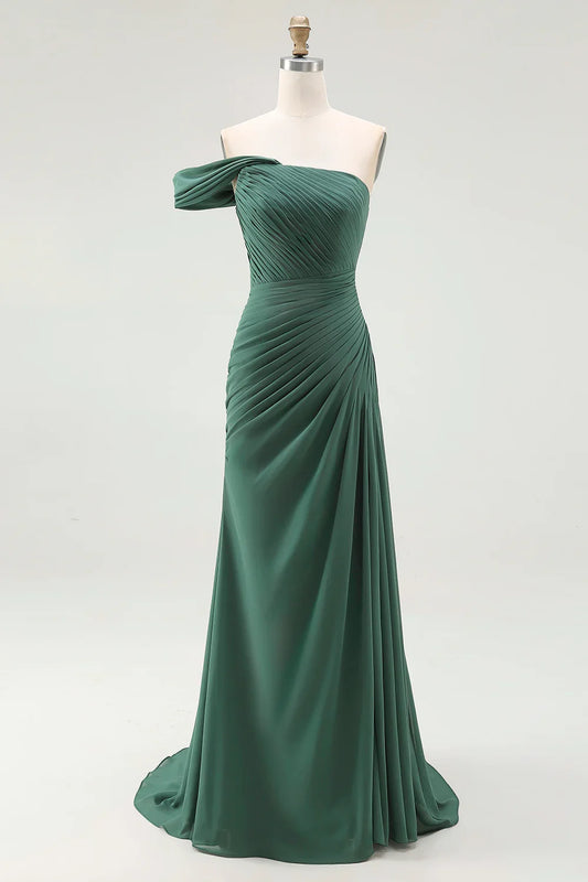 Flowy Mermaid One Shoulder Sleeveless Pleated Floor-Length Prom Dress