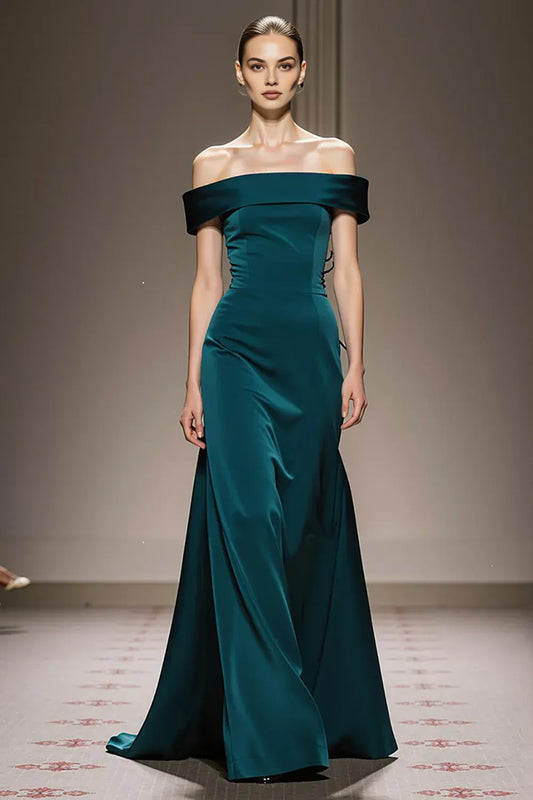 Flowy Sheath/Column Off the Shoulder Sleeveless Satin Sweep/Brush Train Prom Dress