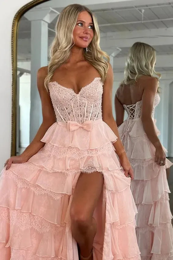 Flowy Sweetheart Sleeveless Empire A-Line Chiffon Tiered Long Prom Dress