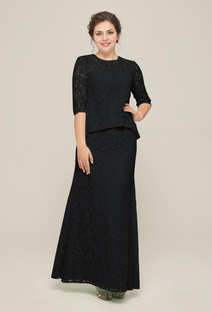 Formal Women's Dresses Elegant 3/4 Sleeve Lace Applique Round Neck Floor Length Free Custom Size Mother of the Bride Dress