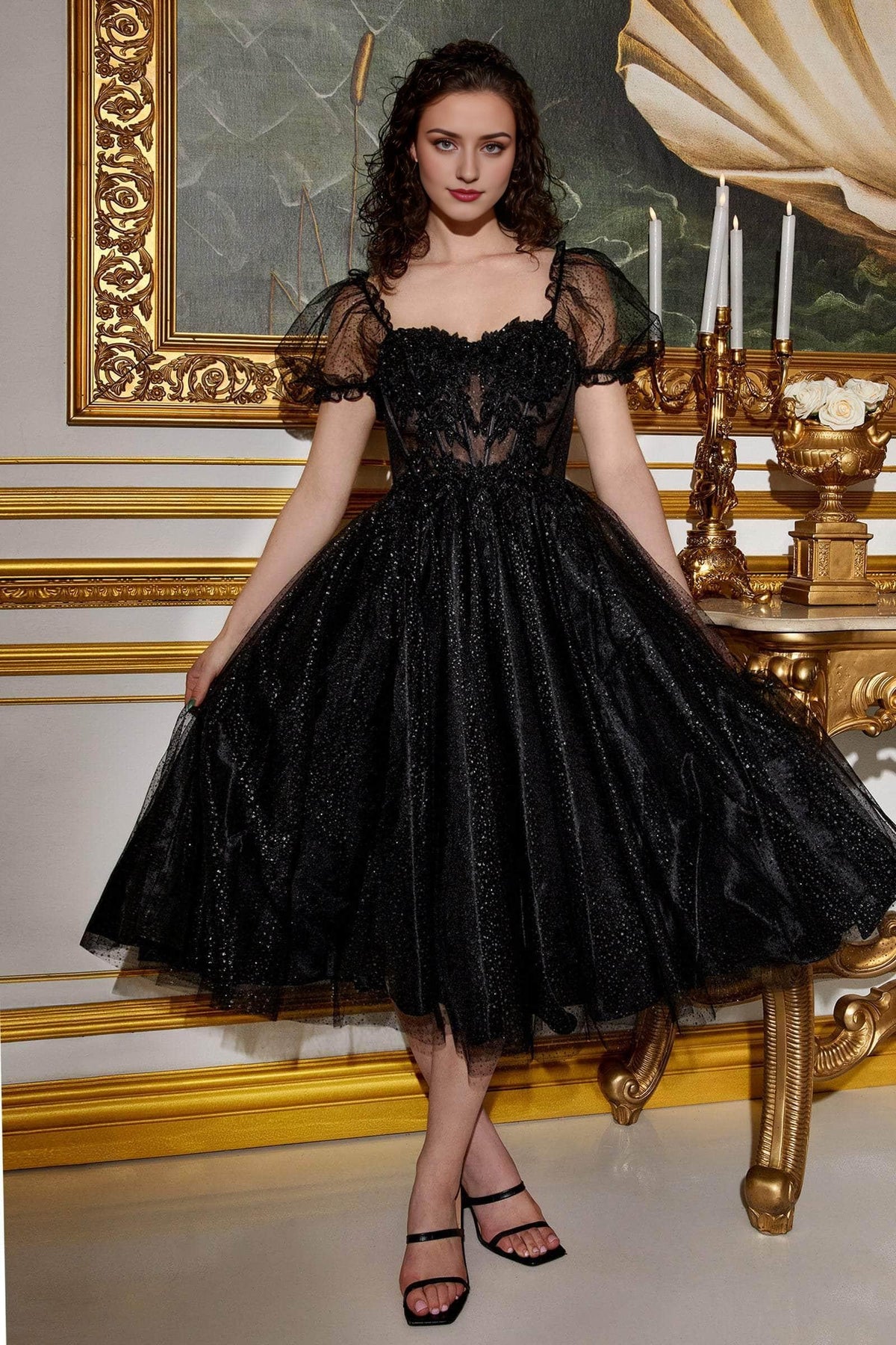 Formal Black Dresses A-line Puff- Sleeve Tea-Length Dress Lace Applique Prom Dress / Formal Wear Dresses