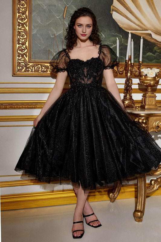 Formal Black Dresses A-line Puff- Sleeve Tea-Length Dress Lace Applique Prom Dress / Formal Wear Dresses