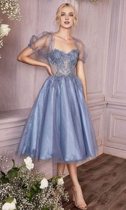 Formal Black Dresses A-line Puff- Sleeve Tea-Length Dress Lace Applique Prom Dress / Formal Wear Dresses