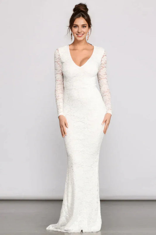 Formal Wear Dresses Long Sleeves Lace V Neck Formal Dress Floor Length Wedding Dress Prom Dress Shops