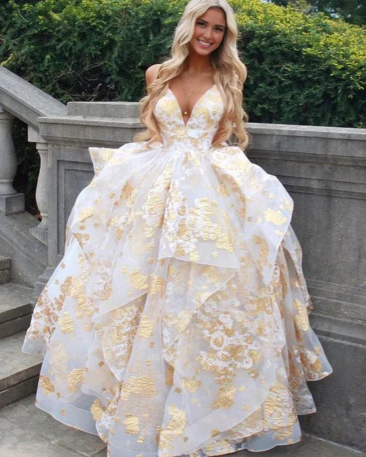 Formal Women's Dresses Gold Spaghetti Straps Sequin Ruffled Formal Dress Long Prom Dress Prom Dresses Stores