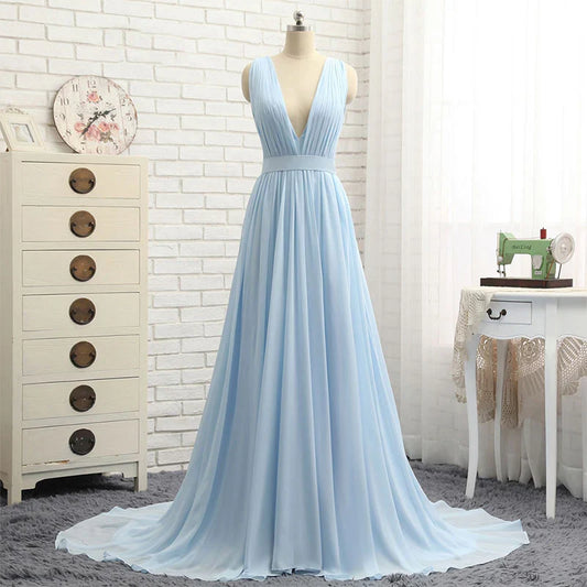 Formal Dresses Light Blue Deep V Neck Sleeveless Chiffon Long Prom Dress Evening Dress / Prom Dresses Store
