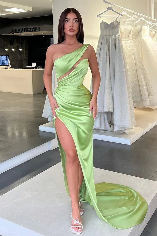 Formal Dresses Light Green One-Shoulder Long Sleeveless Evening Dress Prom Dress With Side Slit / Prom Dresses Store