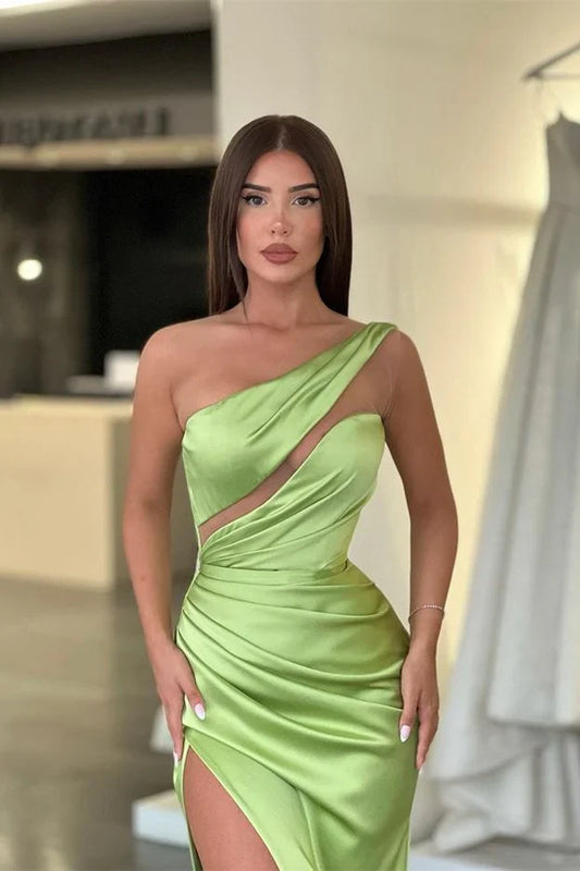 Formal Dresses Light Green One-Shoulder Long Sleeveless Evening Dress Prom Dress With Side Slit / Prom Dresses Store