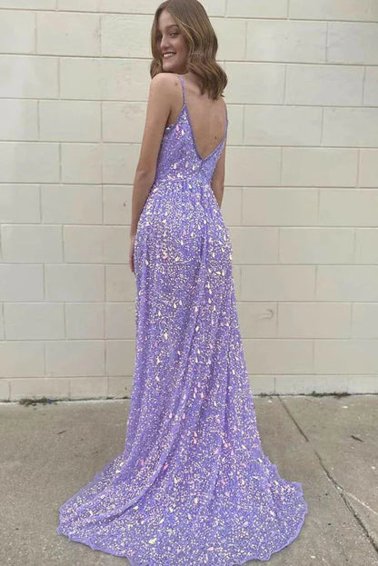 Formal Dresses Purple Deep V Neck Spaghetti Straps Prom Evening Gown Sequined Long Party Dress / Prom Dresses Stores