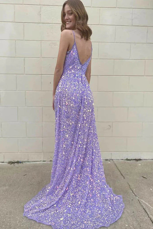 Formal Dresses Purple Deep V Neck Spaghetti Straps Prom Evening Gown Sequined Long Party Dress / Prom Dresses Stores