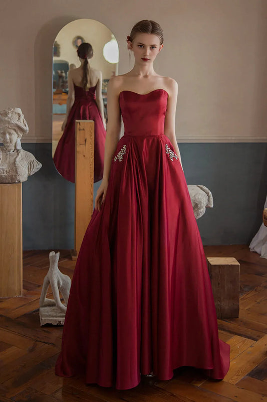 Formal Dresses Red Satin Long A line Strapless Prom Dress Floor Length Evening Dress / Prom Dresses Store