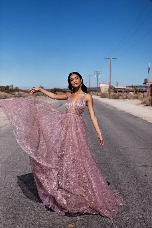 Formal Dresses Sexy Deep V Neck Spaghetti Straps Open Back Tulle Sequin Long Prom Dress / Prom Dresses Store