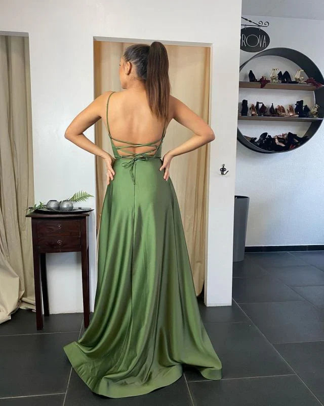 Formal Dresses Sexy Spaghetti Straps Open Back Satin Ruffles Prom Dress With Side Slit / Prom Dresses Store
