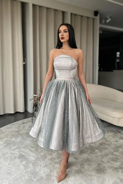 Formal Dresses Silver Strapless A-Line Short Prom Dress With Sequins / Prom Dresses Store