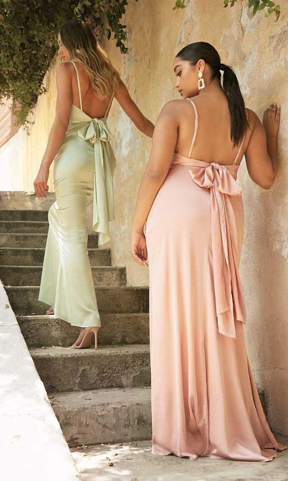 Formal Dusty Rose Dresses Cowl Neck Spaghetti Strap Long Satin Tie Open Back Gown Bridesmaid Dress Plus Size Dress Formal / Formal Wear Dresses