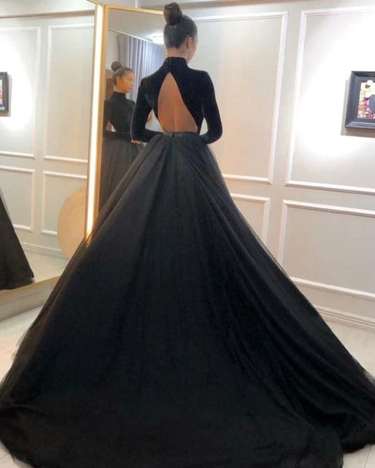 Formal Women's Dresses Elegant Black A-Line Long Sleeve Formal Evening Dress Long Prom Dress Prom Dresses Stores