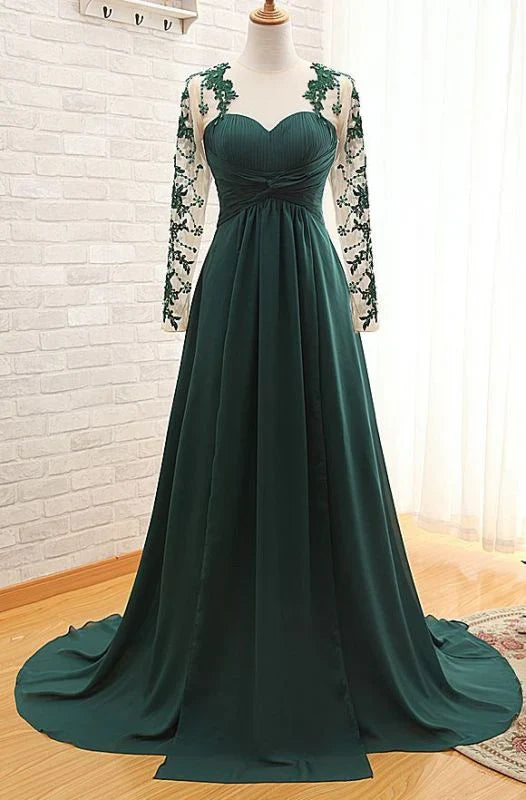 Formal Women's Dresses Green A-Line Long Sleeves Formal Prom Dress Evening Gown Prom Dress Stores