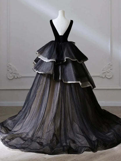 Formal Women's Dresses Black V Neck Tulle Tiered Long Formal Prom Dress Party Gown Prom Dress Stores