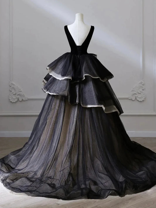 Formal Women's Dresses Black V Neck Tulle Tiered Long Formal Prom Dress Party Gown Prom Dress Stores