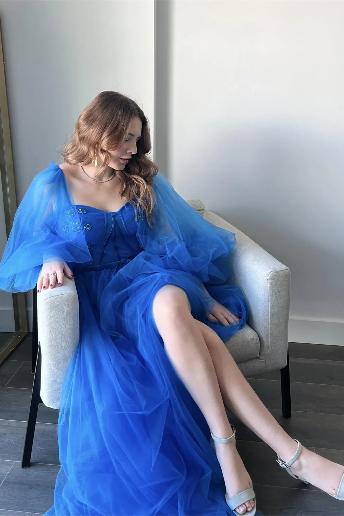 Formal Wear Dresses A-line Puff Sleeves Royal Blue Tulle Long Formal Dress Prom Dress Stores With Prom Dresses