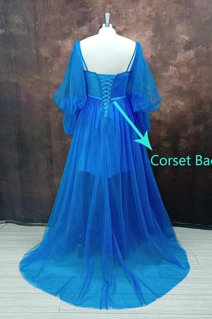 Formal Wear Dresses A-line Puff Sleeves Royal Blue Tulle Long Formal Dress Prom Dress Stores With Prom Dresses
