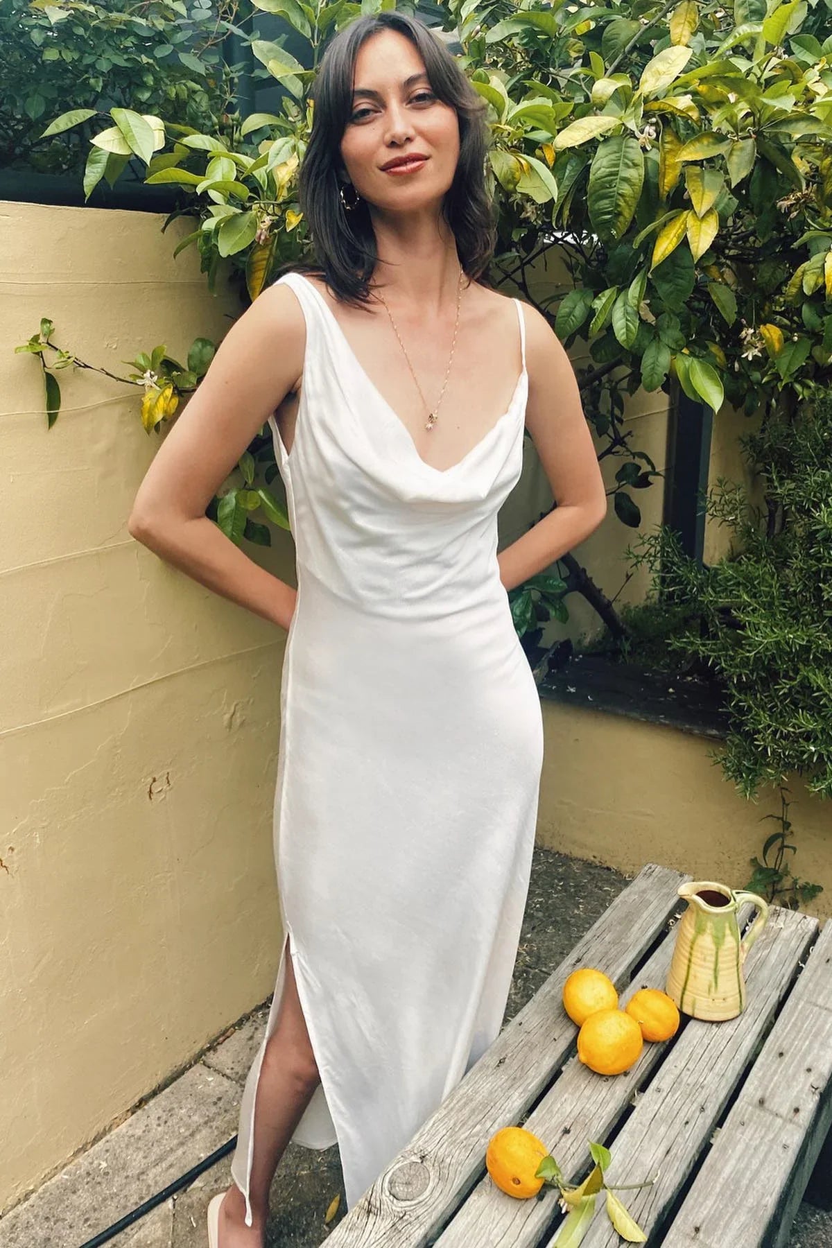 Formal Wear Dresses/Asymmetrical Cowl Neck Ivory Satin Bridesmaid Dress