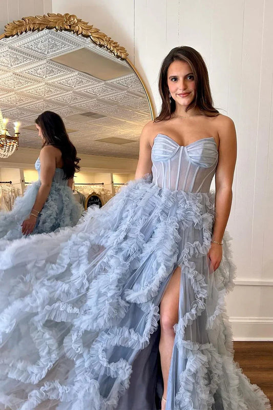 Formal Wear Dresses/Blue Strapless Ruffle Tulle A-Line Long Prom Dresses with Slit/Prom Dress Shop