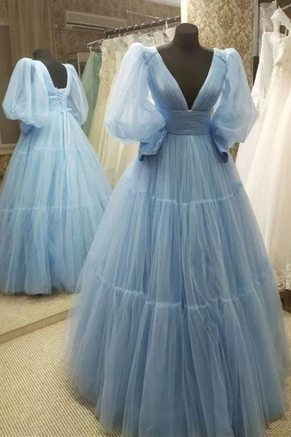 Formal Wear Dresses Blue V Neck Empire A-line Puffy Long Sleeves Ball Gown Prom Dress Stores With Prom Dresses