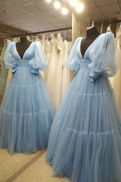 Formal Wear Dresses Blue V Neck Empire A-line Puffy Long Sleeves Ball Gown Prom Dress Stores With Prom Dresses