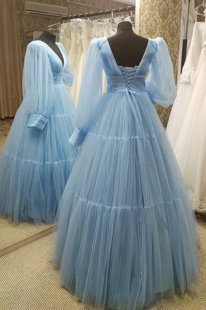 Formal Wear Dresses Blue V Neck Empire A-line Puffy Long Sleeves Ball Gown Prom Dress Stores With Prom Dresses
