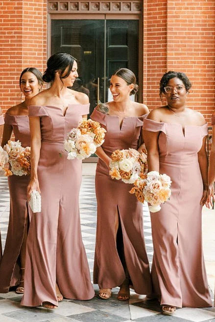 Formal Wear Dresses/Blush Pink Off the Shoulder Bridesmaid Dress with Slit
