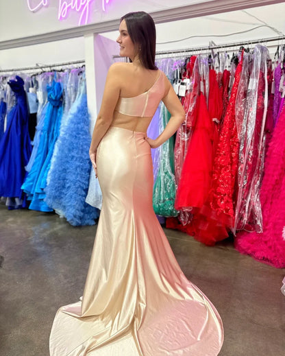 Formal Wear Dresses/Champagne Silk Satin One Shoulder Mermaid Long Prom Dresses/Prom Dress Shop