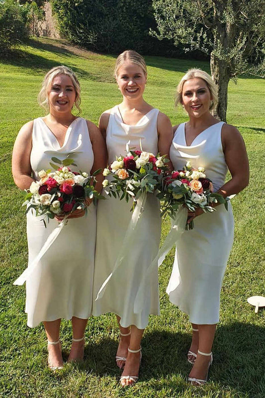 Formal Wear Dresses/Cowl Neck Ivory Sheath Tea Length Bridesmaid Dress
