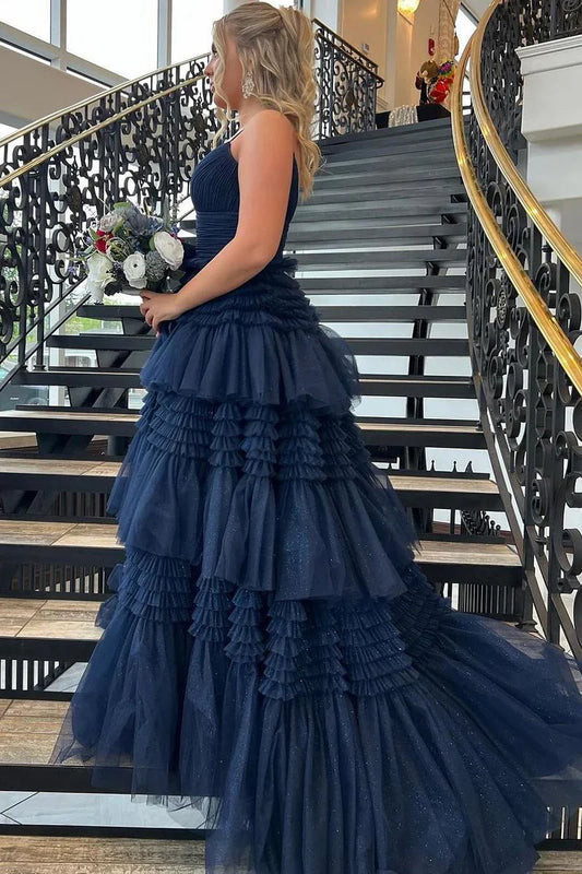 Formal Wear Dresses/Cute A Line Navy Blue Tiered Tulle Long Prom Dresses with Slit/Prom Dress Shop
