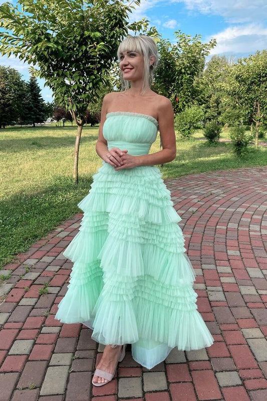 Formal Wear Dresses/Cute A Line Strapless Light Green Tulle Tiered Ruffles Prom Dress/Prom Dress Shop