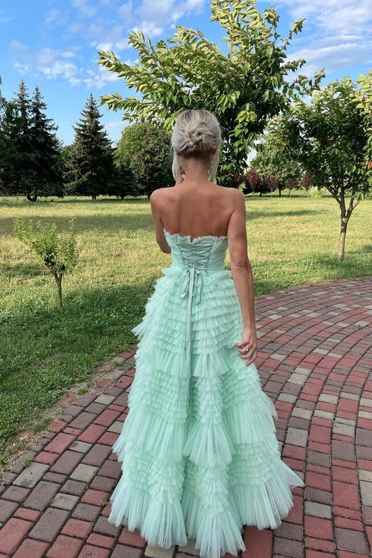 Formal Wear Dresses/Cute A Line Strapless Light Green Tulle Tiered Ruffles Prom Dress/Prom Dress Shop