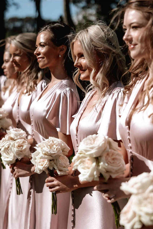 Formal Wear Dresses/Elegant V-Neck Champagne Long Bridesmaid Dress with Sleeves